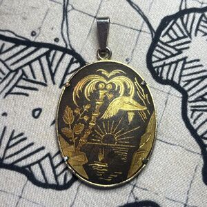 Oval Shaped Brown and Gold Beach Scene Necklace Pendant